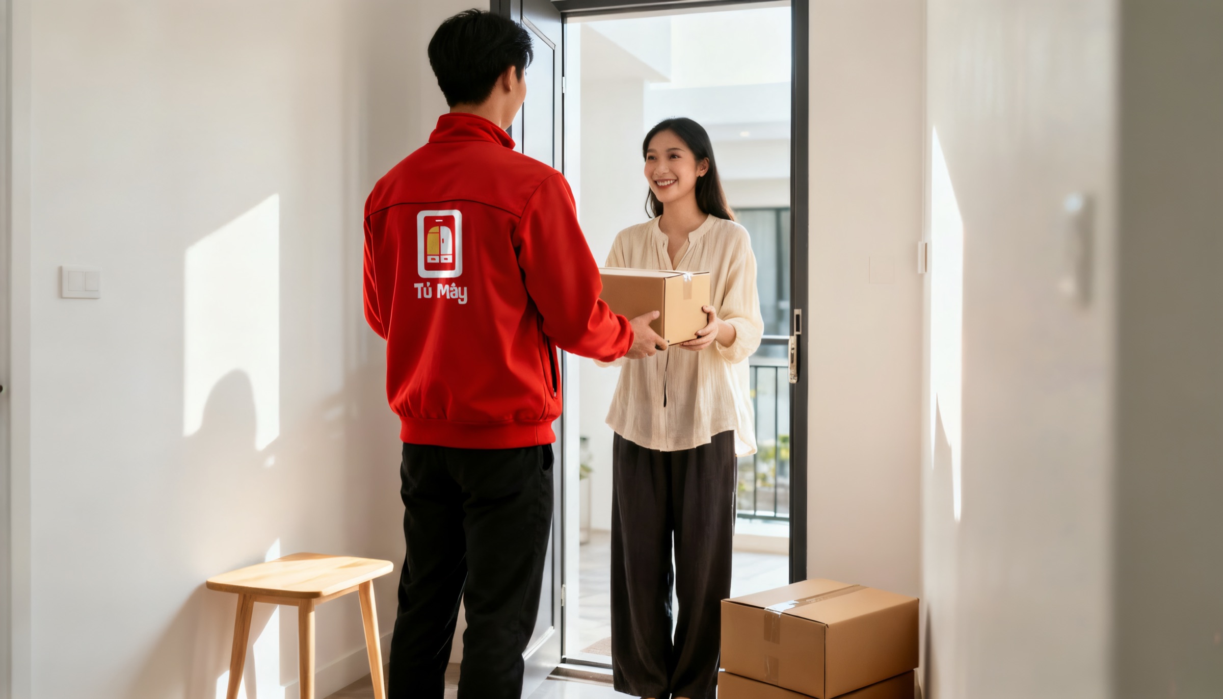 Tủ Mây courier handing a box back at the door